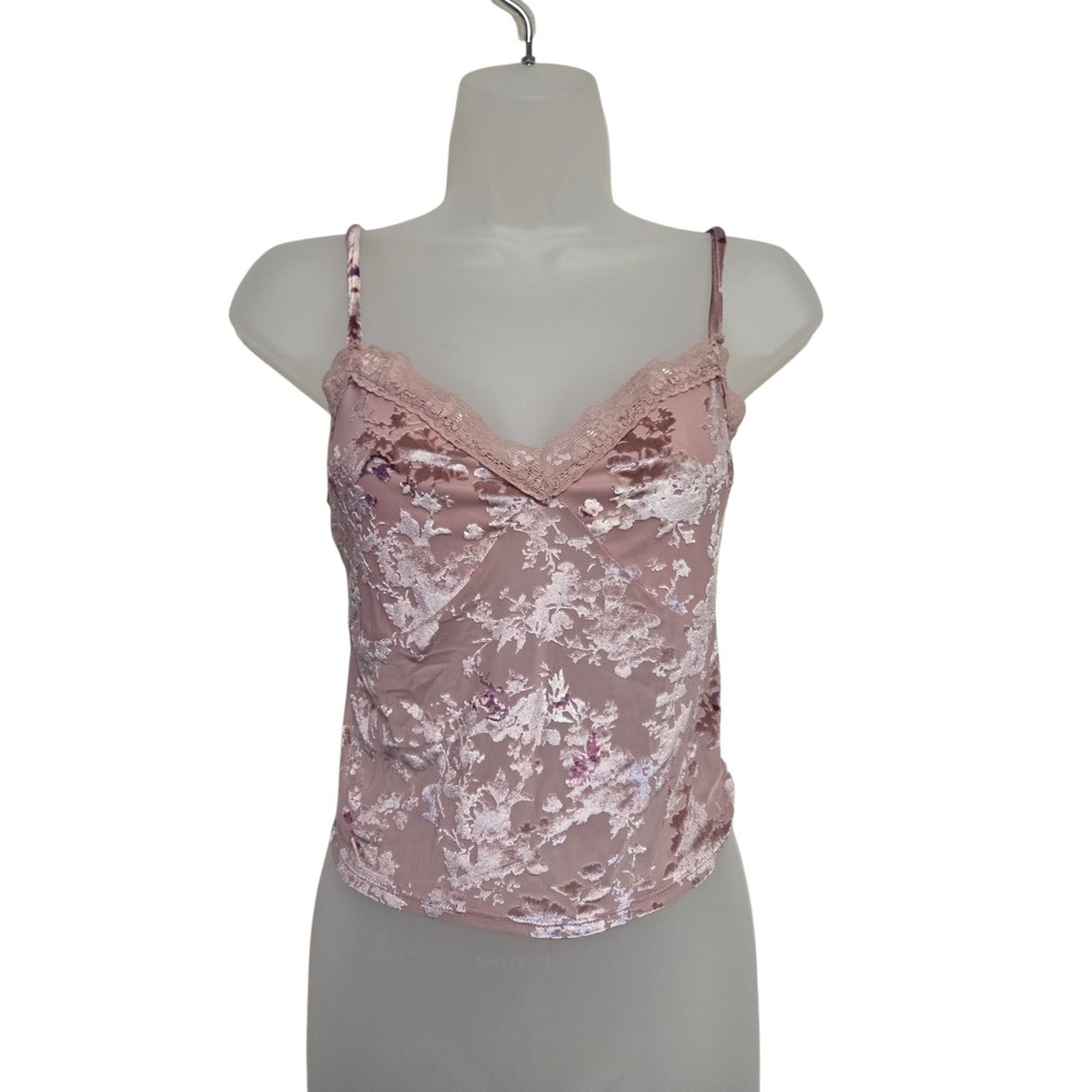 Vintage Y2K Self Esteem Floral Velvet Cami Top Lace Trim Adjustable Straps XS